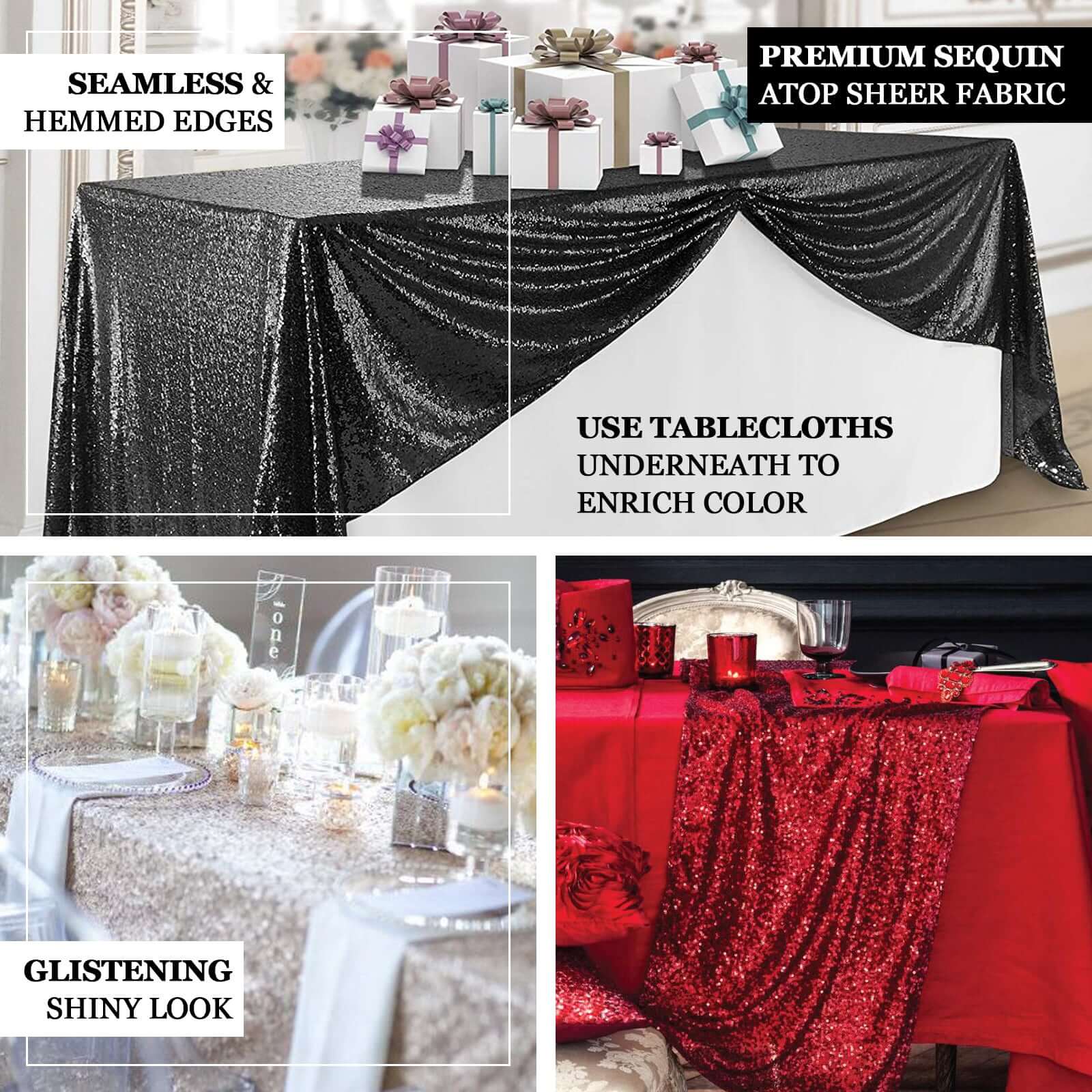 Sequin 90"x156" Rectangle Tablecloth Red - Seamless Twinkling Table Cover