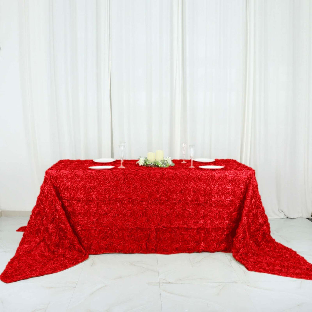 Satin 90"x156" Rectangle Tablecloth Red - Grandiose 3D Rosette Table Cover with Seamless Finish