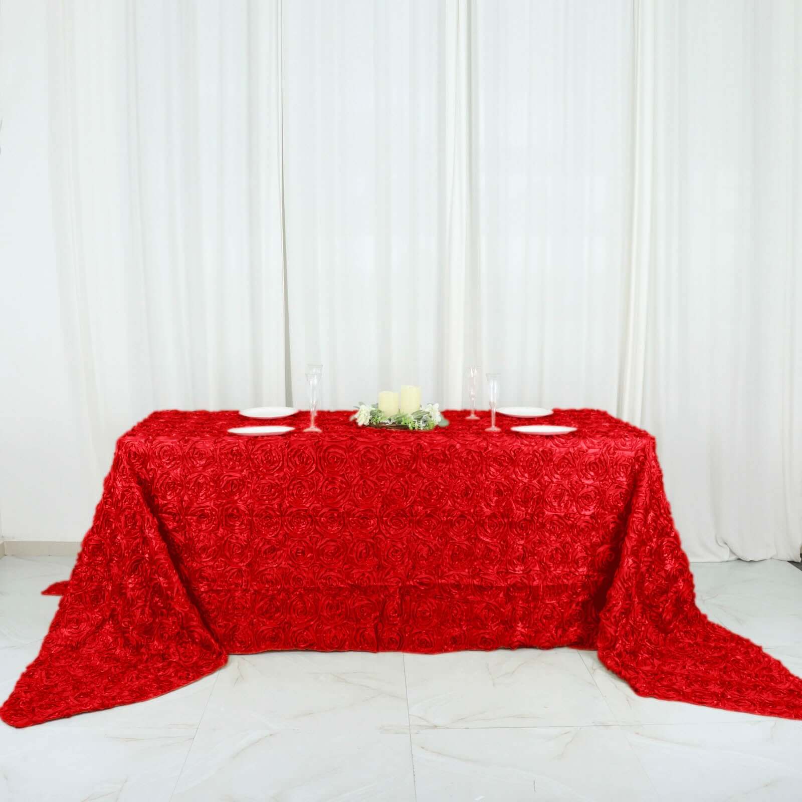 Satin 90"x156" Rectangle Tablecloth Red - Grandiose 3D Rosette Table Cover with Seamless Finish