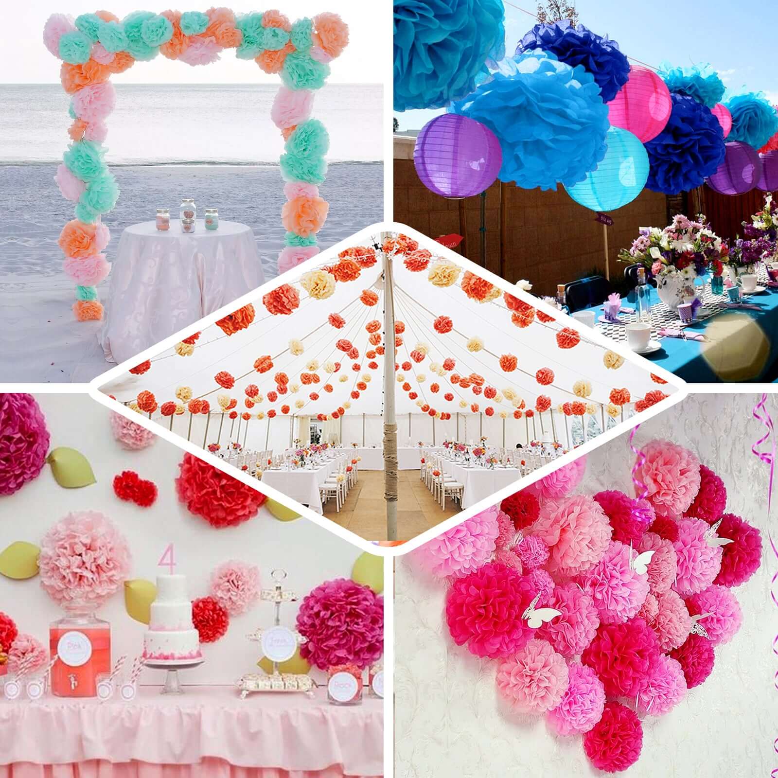 6 Pack 6" White Tissue Paper Pom Poms Flower Balls, Ceiling Wall Hanging Decorations