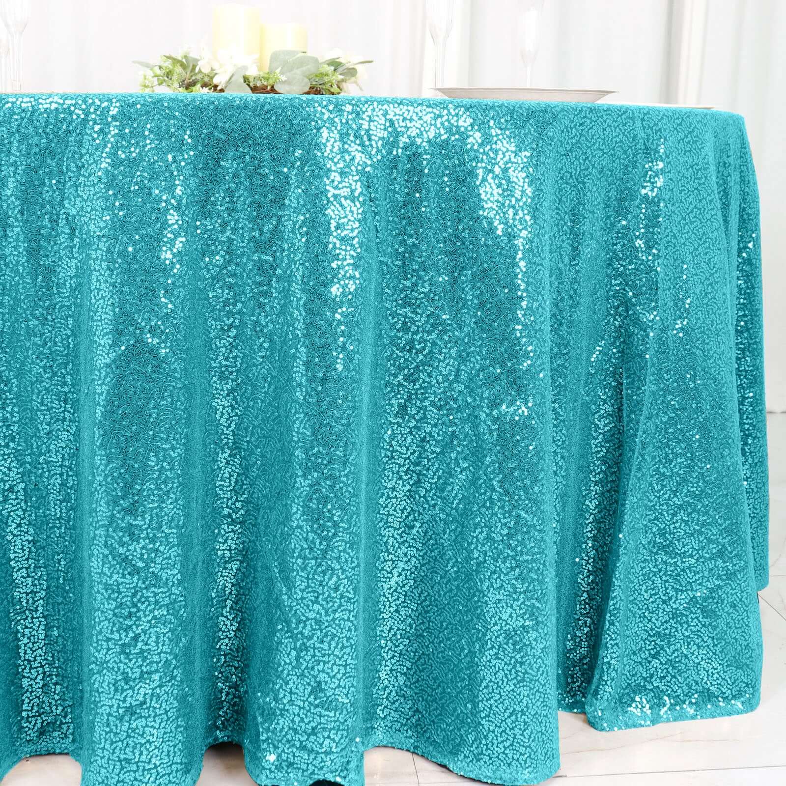 Sequin 120" Round Tablecloth Turquoise - Seamless Glittering Table Cover