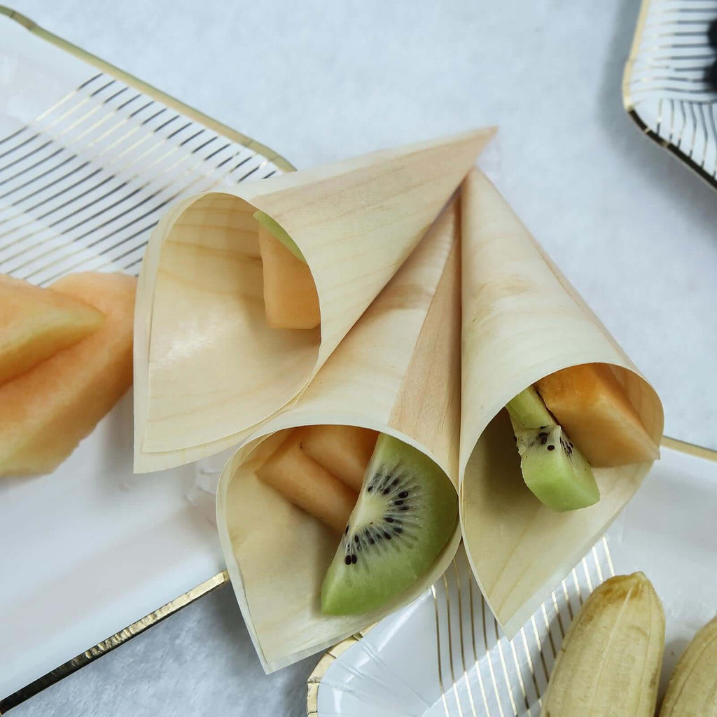 50-Pack Pine Wood Food Cones Eco Friendly Natural Disposable Design - 100% Biodegradable Tasting Serving Cones 6"