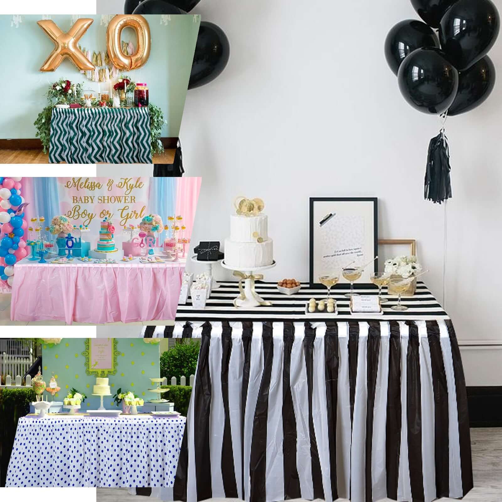 Plastic Table Skirt White/Black Stripe - Reliable Disposable Skirt for Parties 14ft 10 Mil