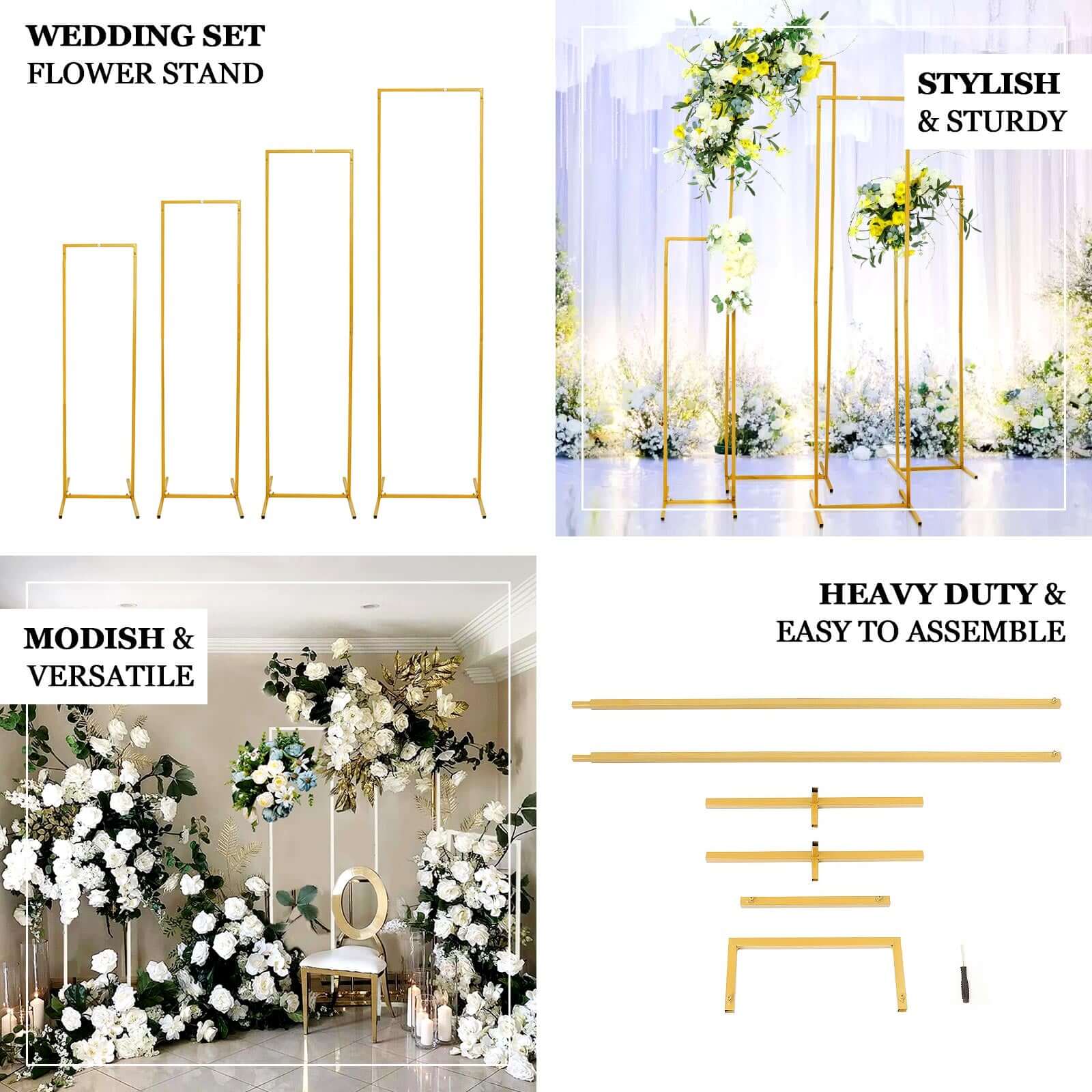 Wedding Arch Slim Gold Metal Rectangular Design Backdrop Stand - Floral Display Frame 6.5ft - Bell Racket Store