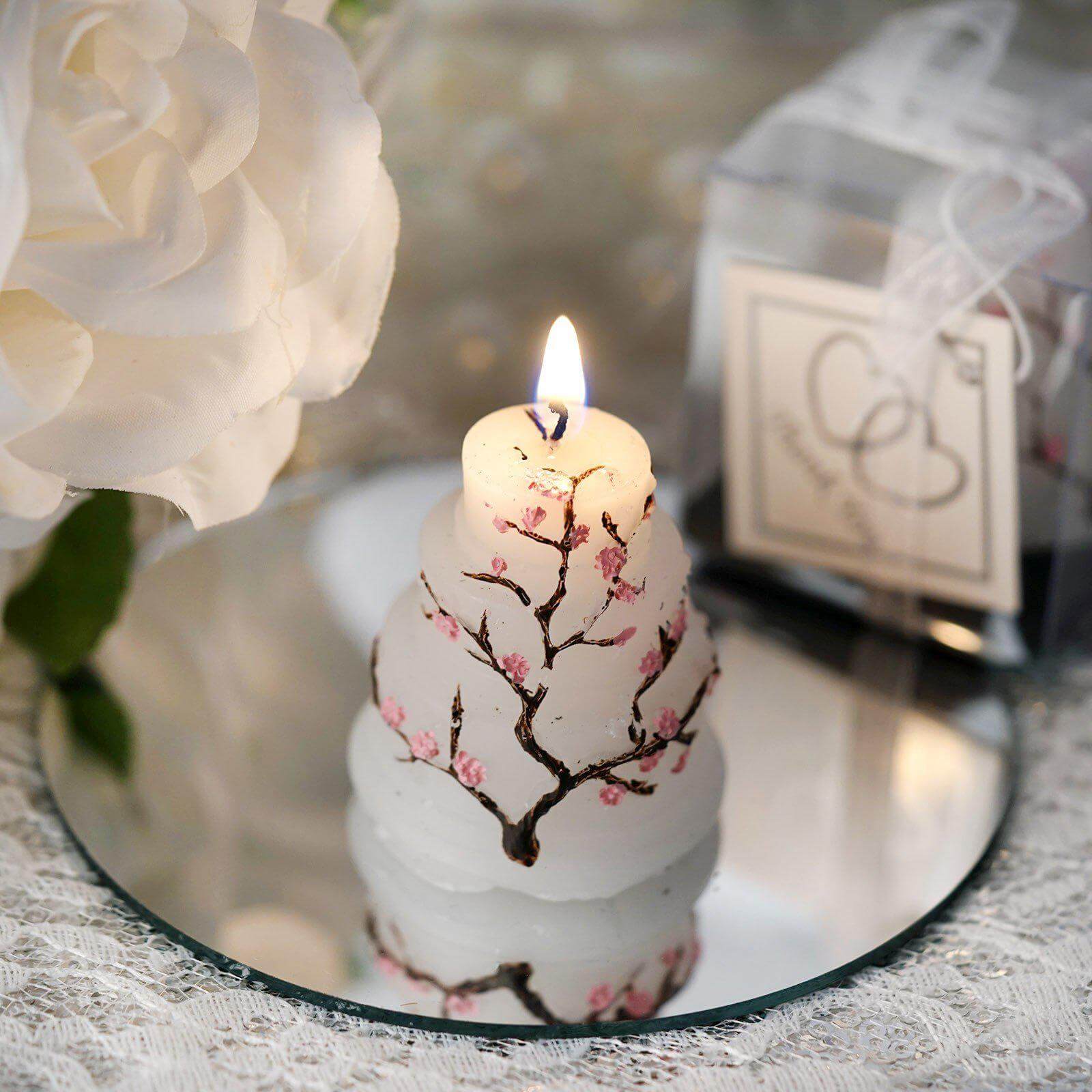 Wedding Cake Candle Cherry Blossom Design Gift Wrapped with Thank You Tag - Chic Party Favors for Special Occasions 2"