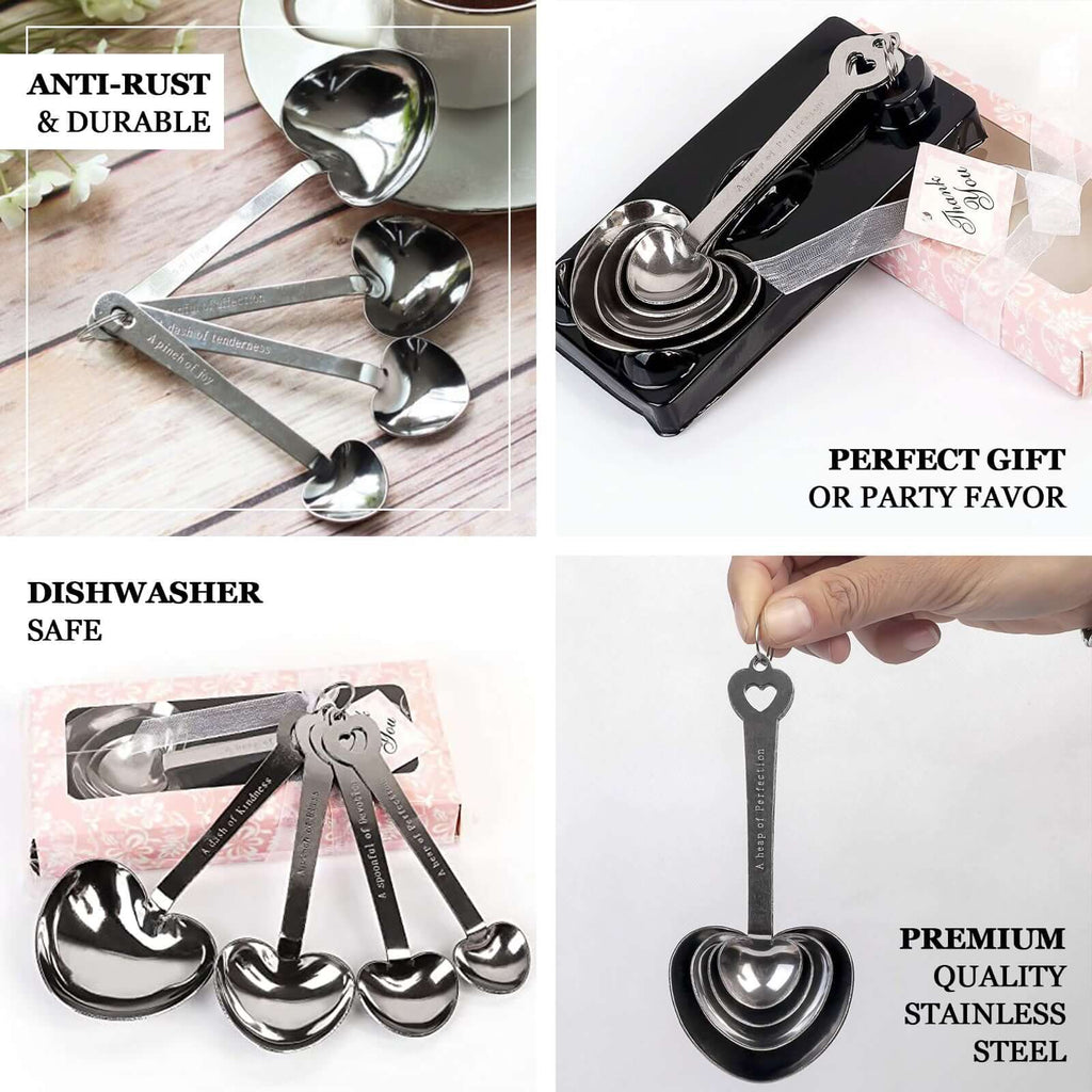 Set of 4 Engraved Silver Heart Measuring Spoon Wedding Party Favors Set, Free Gift Box & Thank You Tag Included
