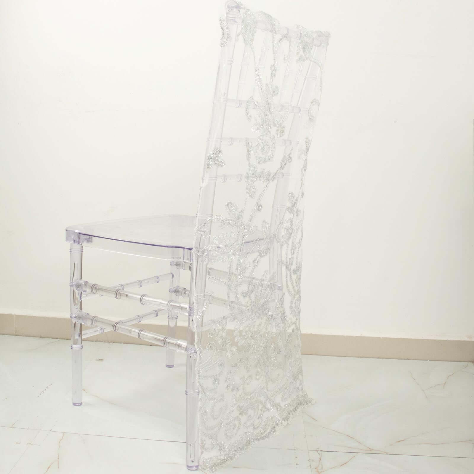 Organza Chiavari Chair Slipcover with Floral Sequin Embroidery White - Stylish Lace Chair Back Cover for Weddings