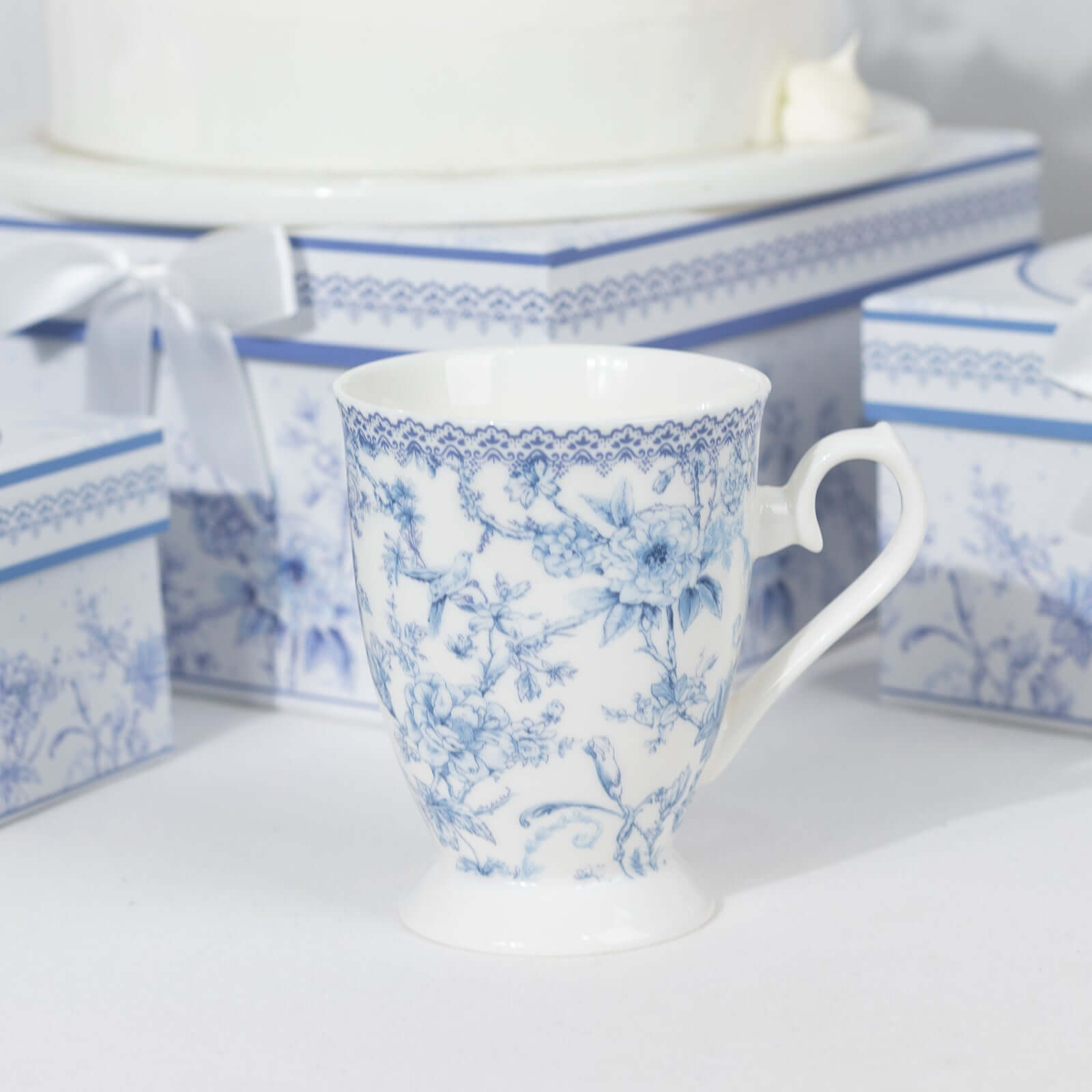 White Blue French Toile Bridal Shower Gift Set, 2 Pack Porcelain Tea Cups With Matching Keepsake Gift Box and Satin Ribbon Handle - Bell Racket Store