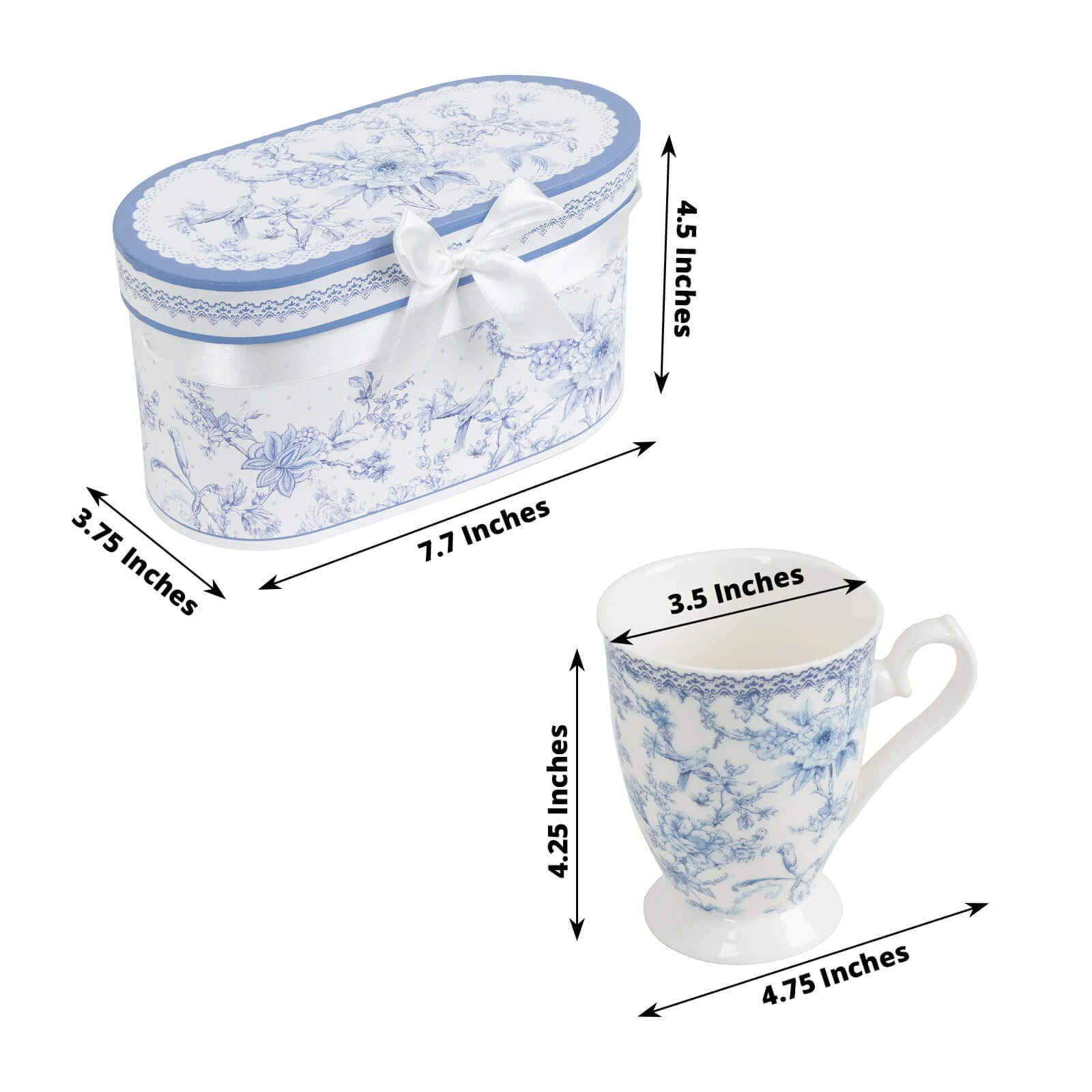 White Blue French Toile Bridal Shower Gift Set, 2 Pack Porcelain Tea Cups With Matching Keepsake Gift Box and Satin Ribbon Handle - Bell Racket Store
