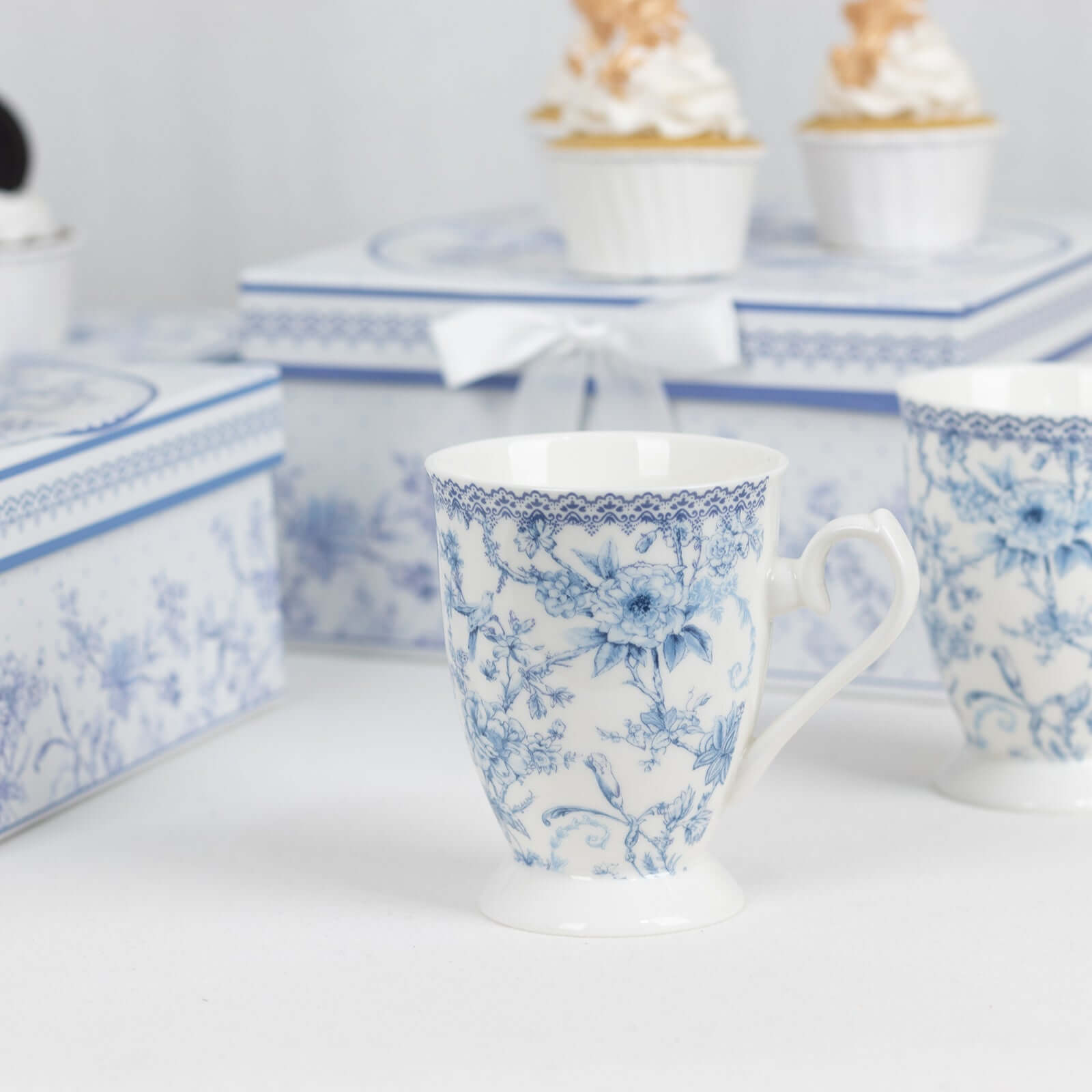 White Blue French Toile Bridal Shower Gift Set, 2 Pack Porcelain Tea Cups With Matching Keepsake Gift Box and Satin Ribbon Handle - Bell Racket Store