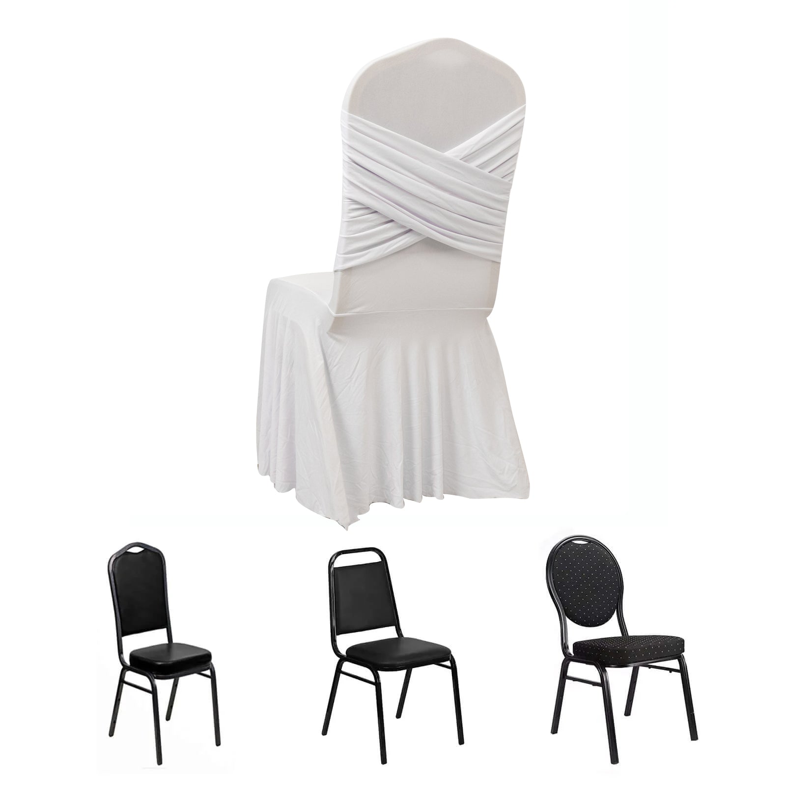White Spandex Banquet Chair Cover with Ruffle Skirt & Cross Back Sash â€“ Stretch Slipcover for Events - Bell Racket Store