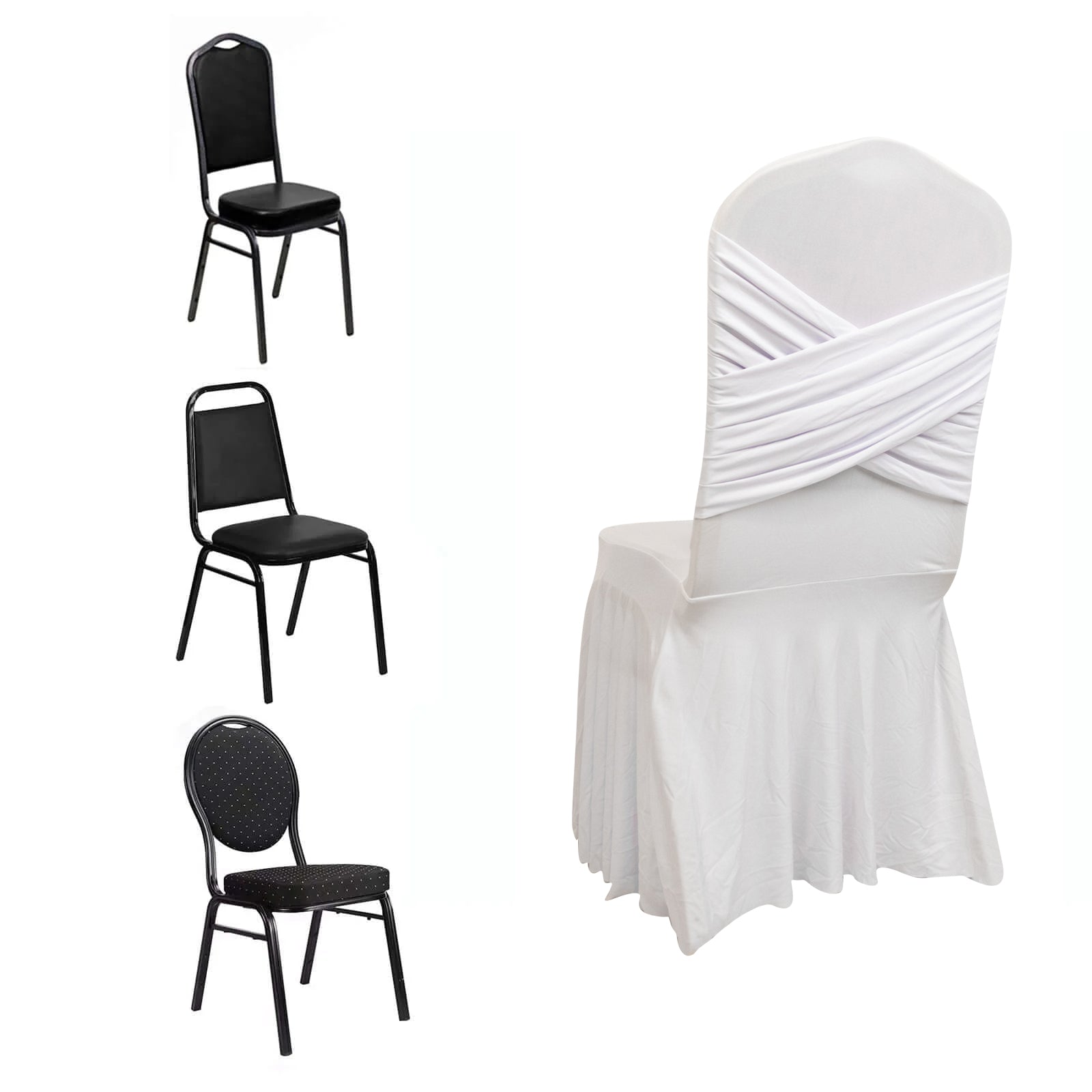 White Spandex Banquet Chair Cover with Ruffle Skirt & Cross Back Sash â€“ Stretch Slipcover for Events - Bell Racket Store