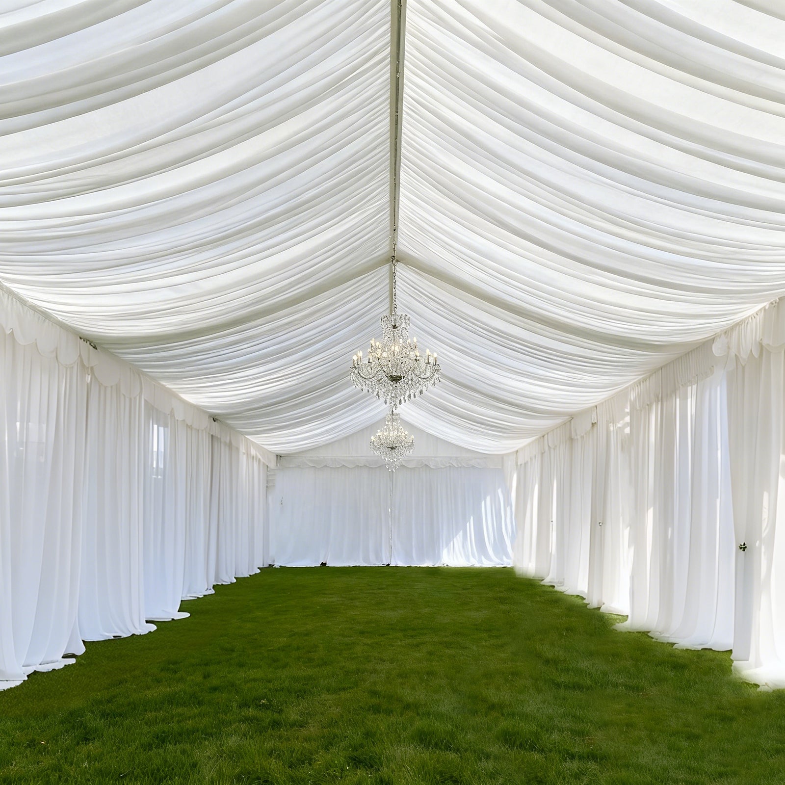 White Stretch Spandex Tent Ceiling Drape â€“ 25ft x 36ft 100GSM Wrinkle - Free Fabric Ceiling Liner with Pole Pockets, Standard - Bell Racket Store