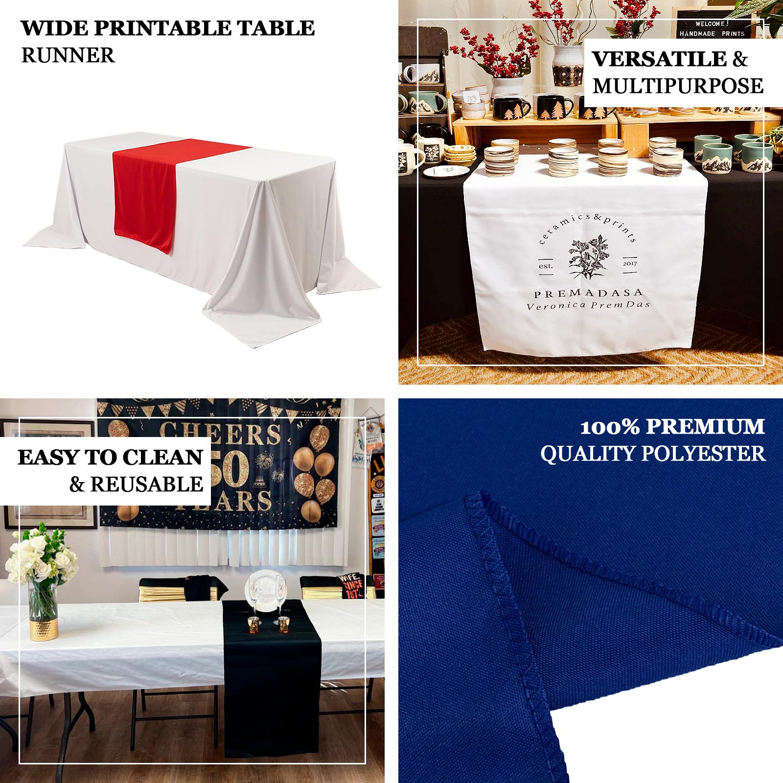 Wide Premium Polyester 24"x72" Table Runner White - Sublimation Printable Banner for Customized Event Branding - Bell Racket Store