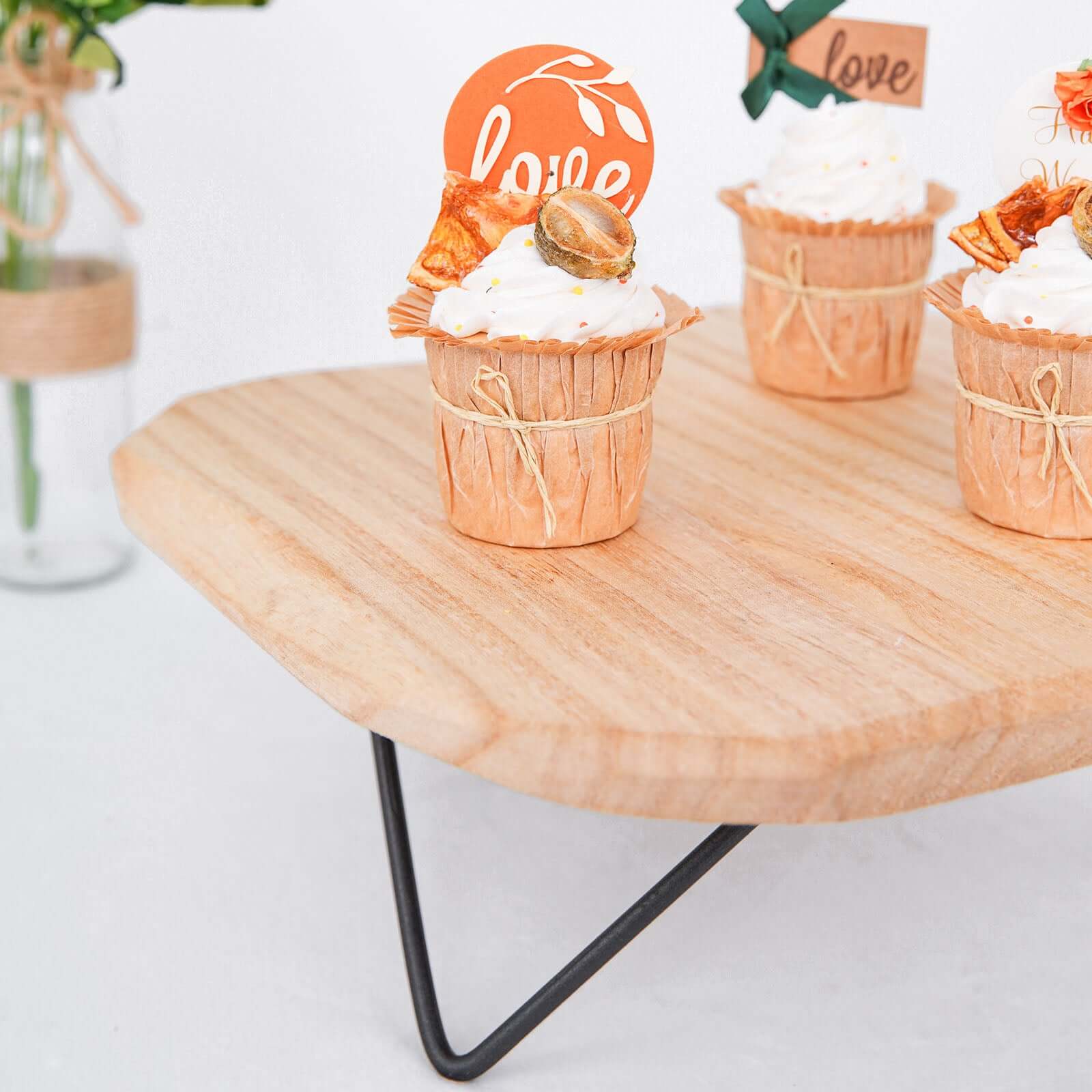 Wooden Cake Cupcake Stand Natural Wood Slice Design - Cheese Board Serving Tray with Hairpin Legs 12" Square - Bell Racket Store