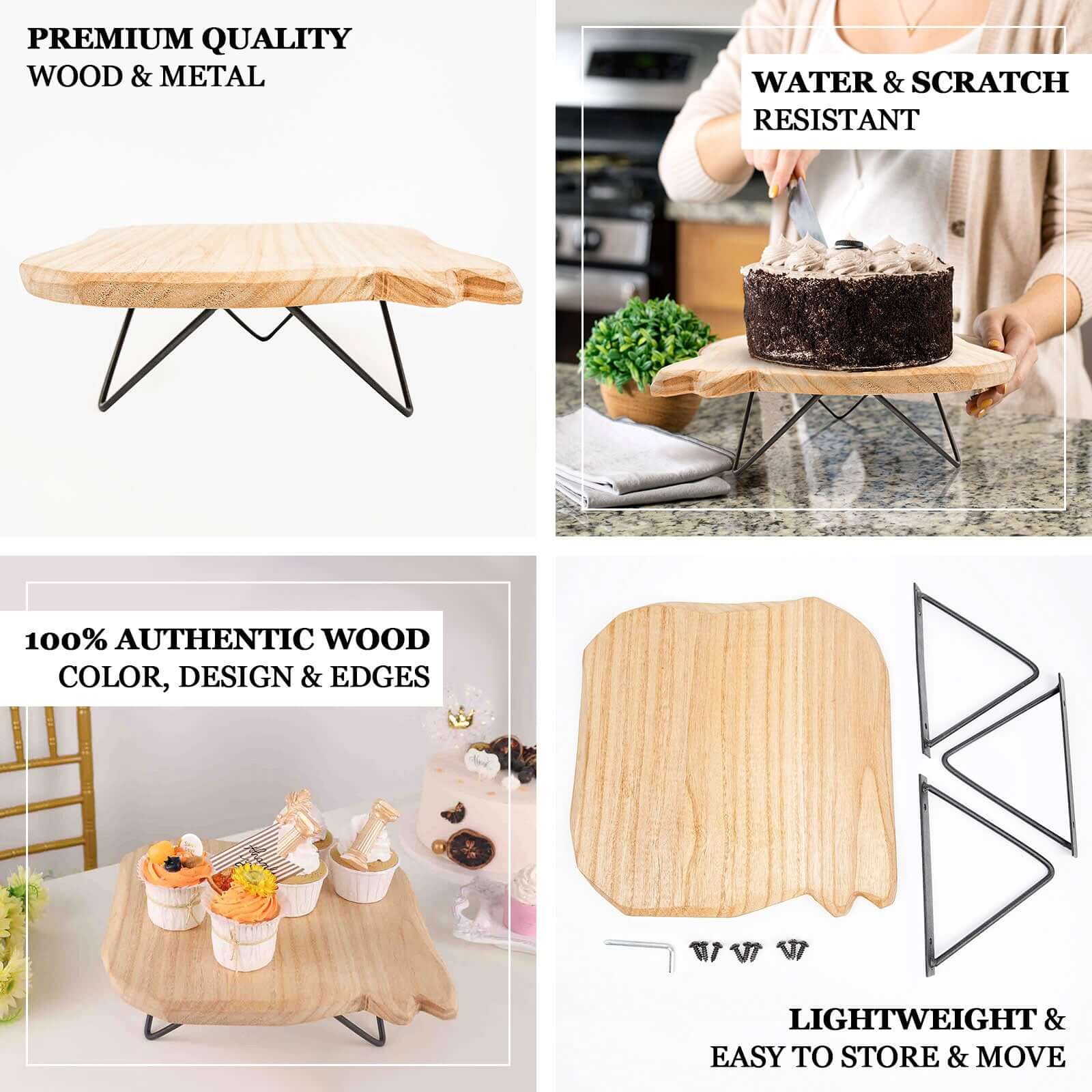 Wooden Cake Cupcake Stand Natural Wood Slice Design - Cheese Board Serving Tray with Hairpin Legs 12" Square - Bell Racket Store