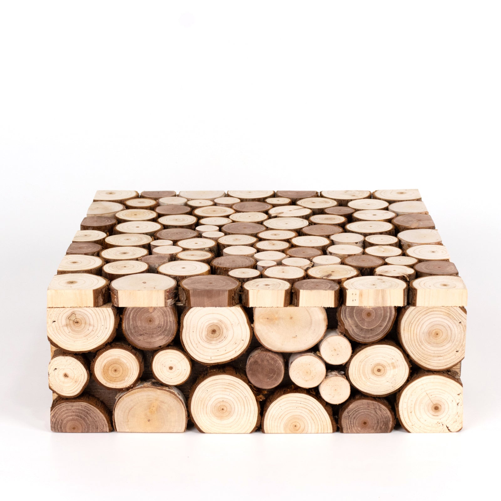 Wooden Cake Stand 14"x14" Square Design Rustic Natural Slices - Farmhouse Display Box Pedestal Riser - Bell Racket Store