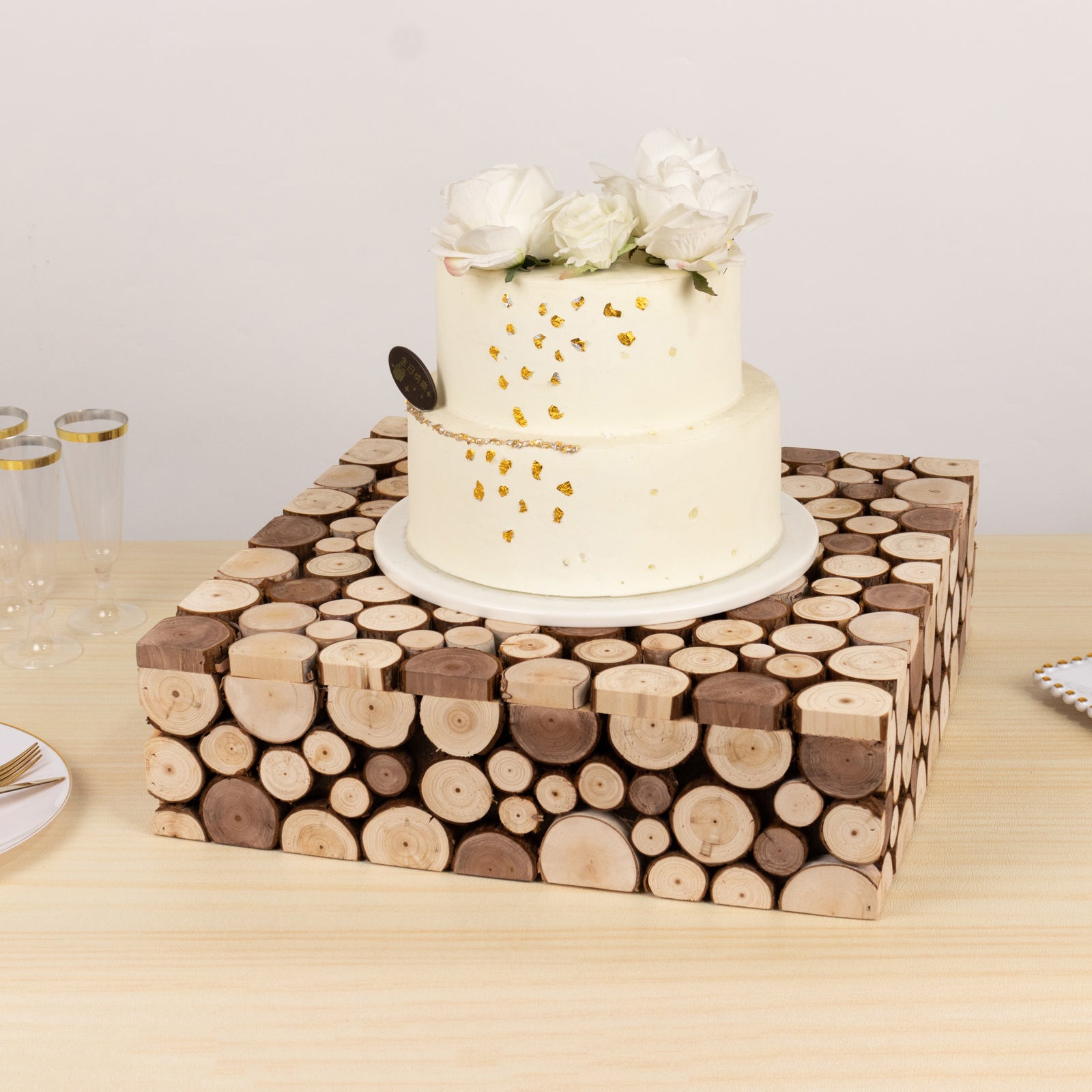 Wooden Cake Stand 18"x18" Square Design Rustic Natural Slices - Farmhouse Display Box Pedestal Riser - Bell Racket Store