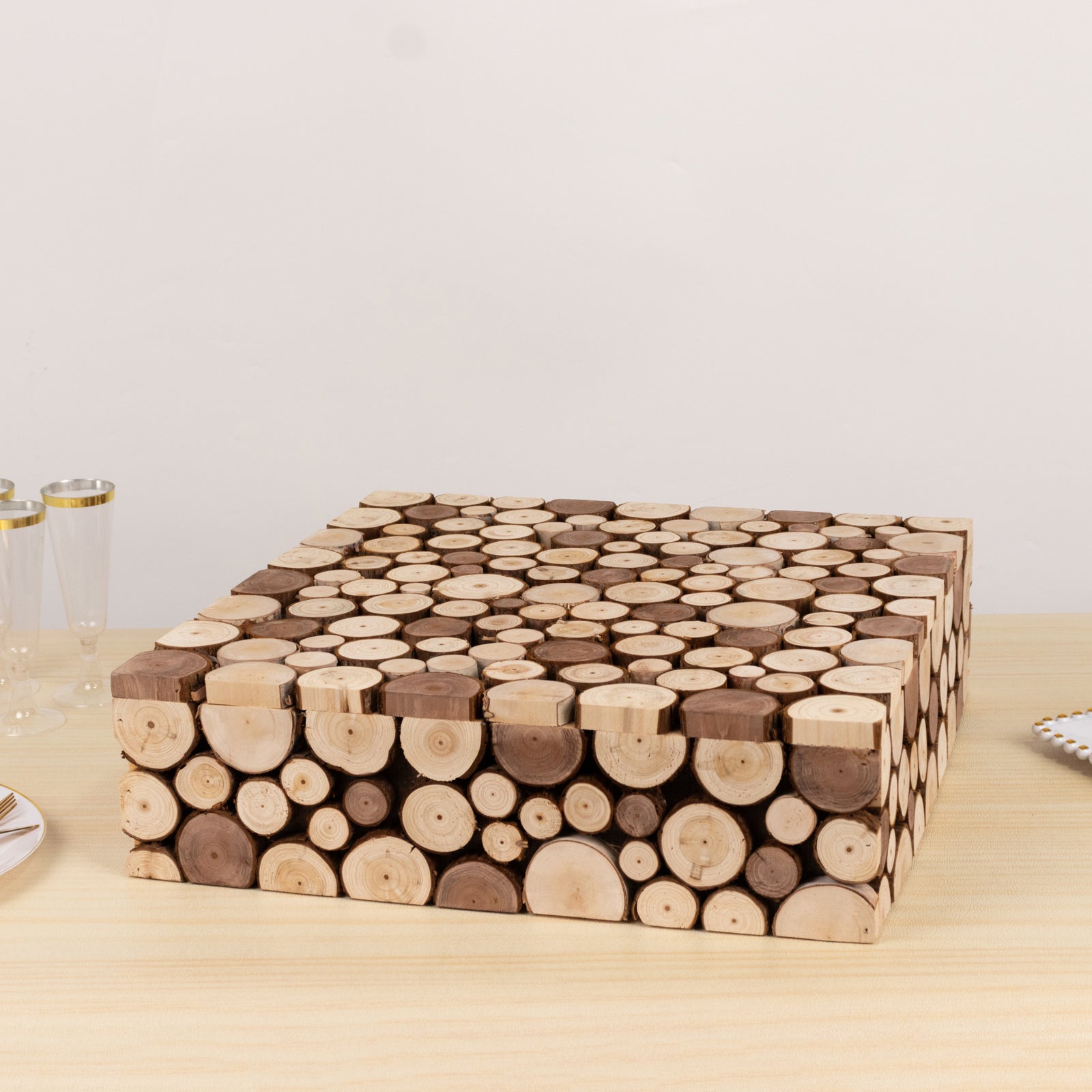 Wooden Cake Stand 18"x18" Square Design Rustic Natural Slices - Farmhouse Display Box Pedestal Riser - Bell Racket Store