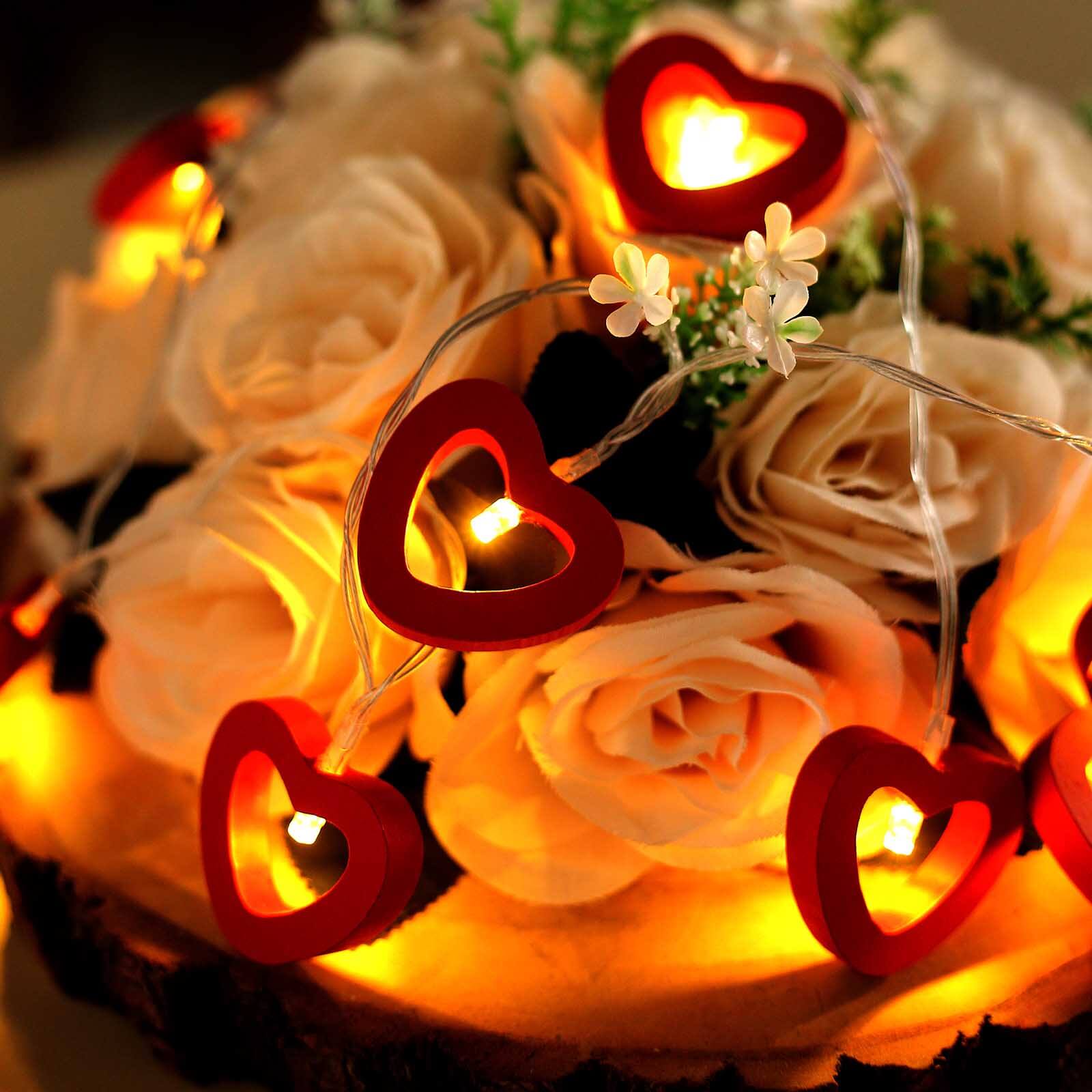 Wooden Heart String Lights Red Design Warm White - Battery Operated Hanging Accent 5ft - Bell Racket Store