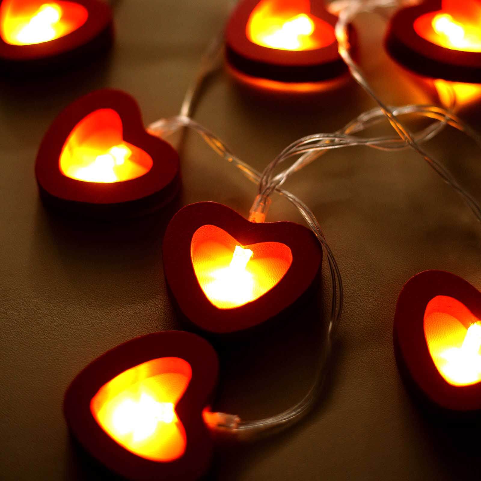 Wooden Heart String Lights Red Design Warm White - Battery Operated Hanging Accent 5ft - Bell Racket Store
