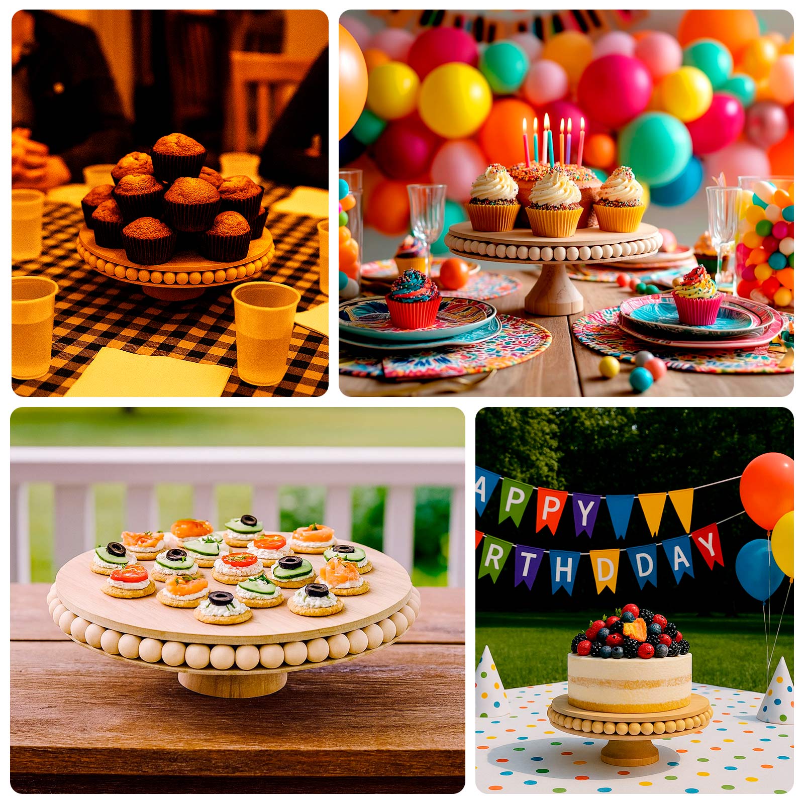 Wooden Pedestal Cake Stand Round Rustic Design with Beaded Edge Natural - Farmhouse Cupcake Holder Serving Tray 12" - Bell Racket Store