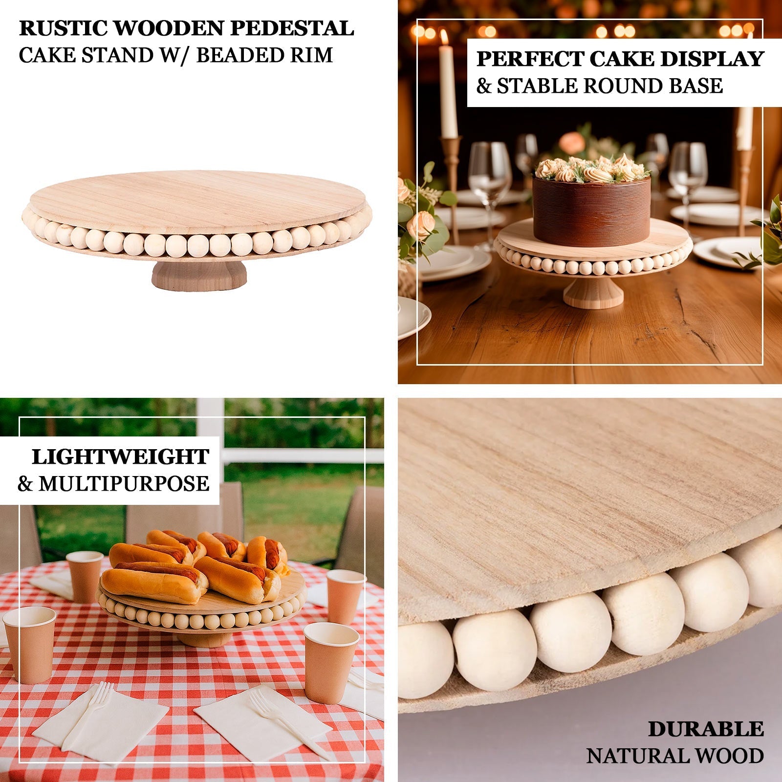 Wooden Pedestal Cake Stand Round Rustic Design with Beaded Edge Natural - Farmhouse Cupcake Holder Serving Tray 12" - Bell Racket Store