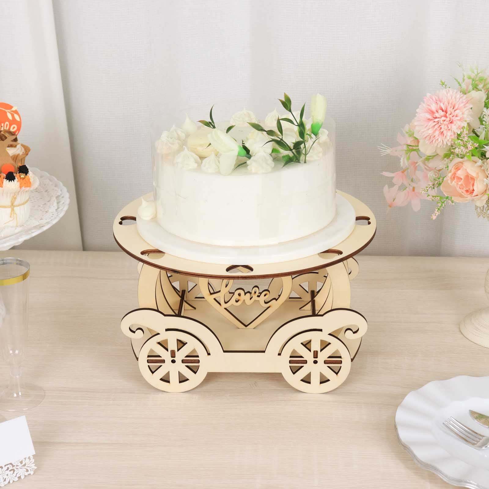 Wooden Wedding Cake Stand Carriage Shape Natural with Laser Cut Design - Round Cupcake Holder Display Plate 12" - Bell Racket Store