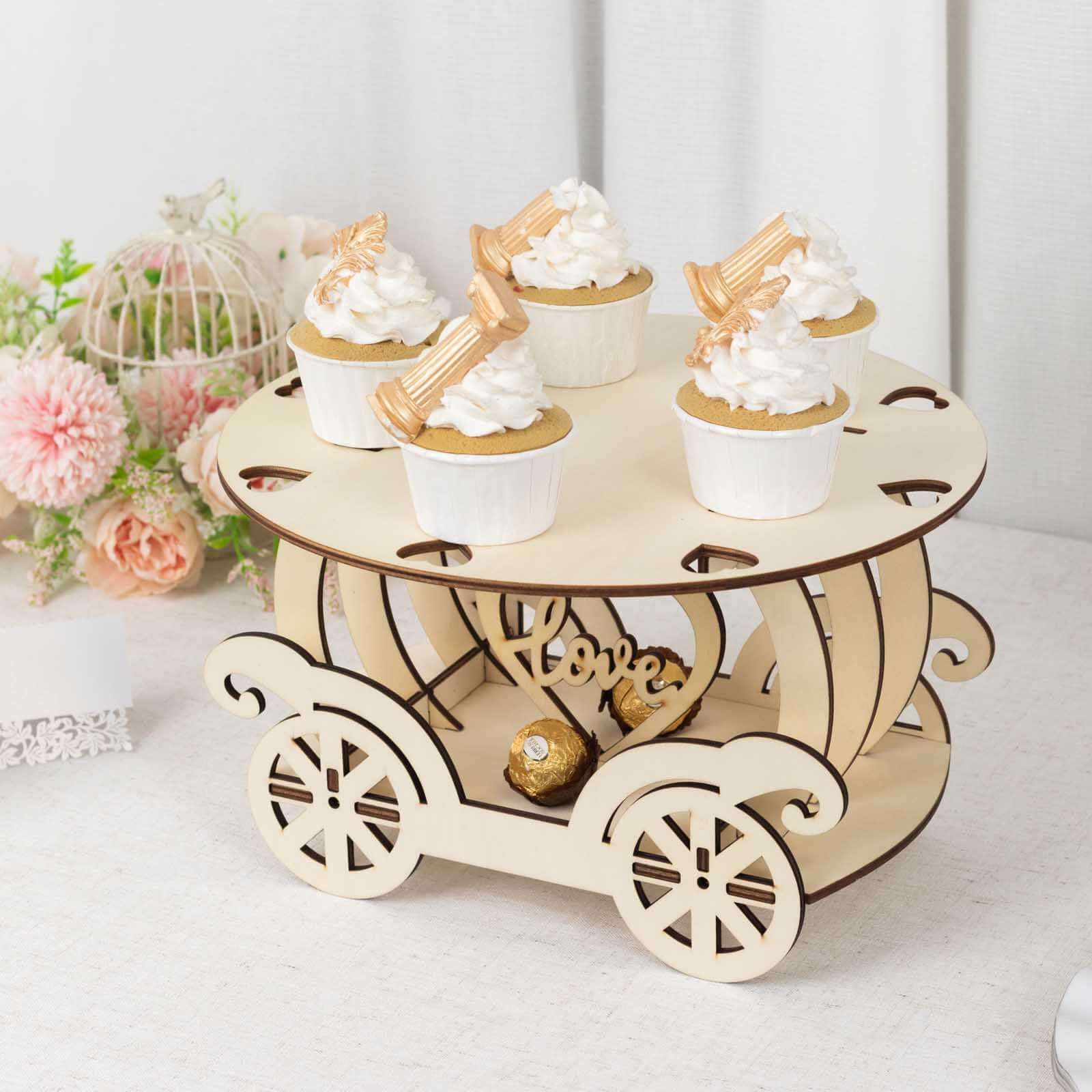 Wooden Wedding Cake Stand Carriage Shape Natural with Laser Cut Design - Round Cupcake Holder Display Plate 12" - Bell Racket Store