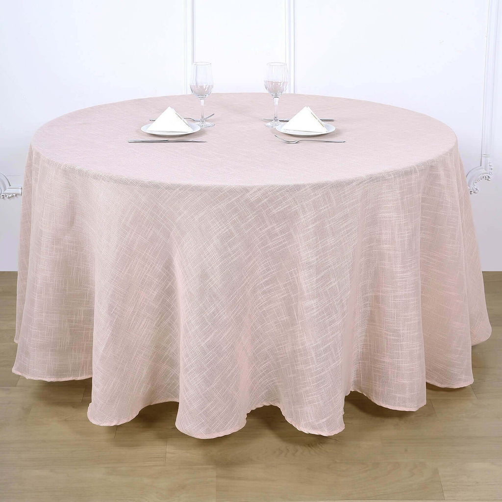 Faux Linen 120" Round Tablecloth Blush - Slubby Texture Wrinkle-Resistant Seamless Table Cover
