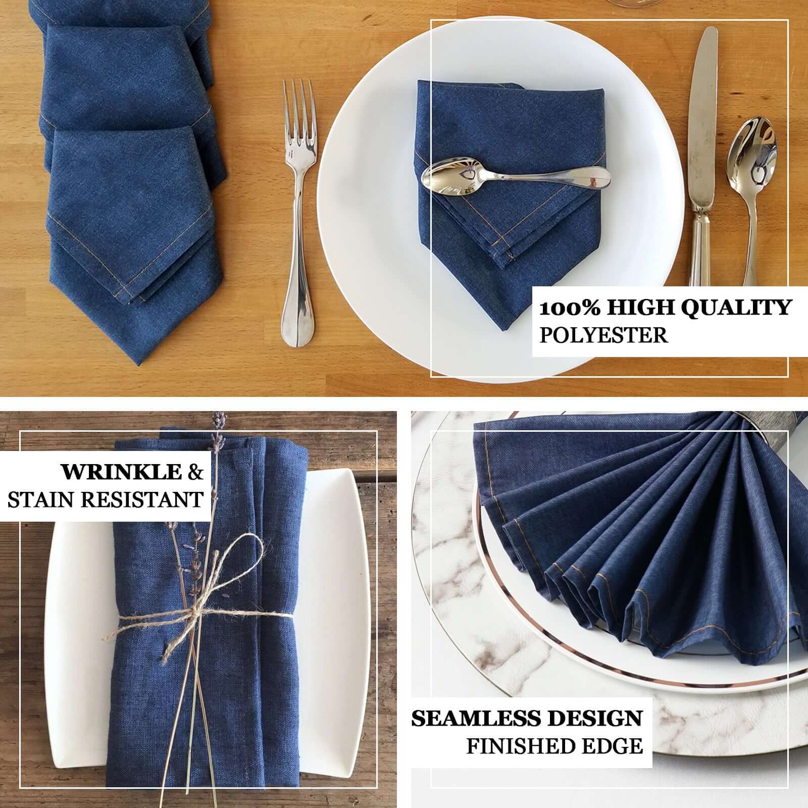 5 Pack Polyester 17"x17" Napkins Dark Denim Blue in Faux Denim Style Dinner Napkins for Casual Gatherings & Themed Events